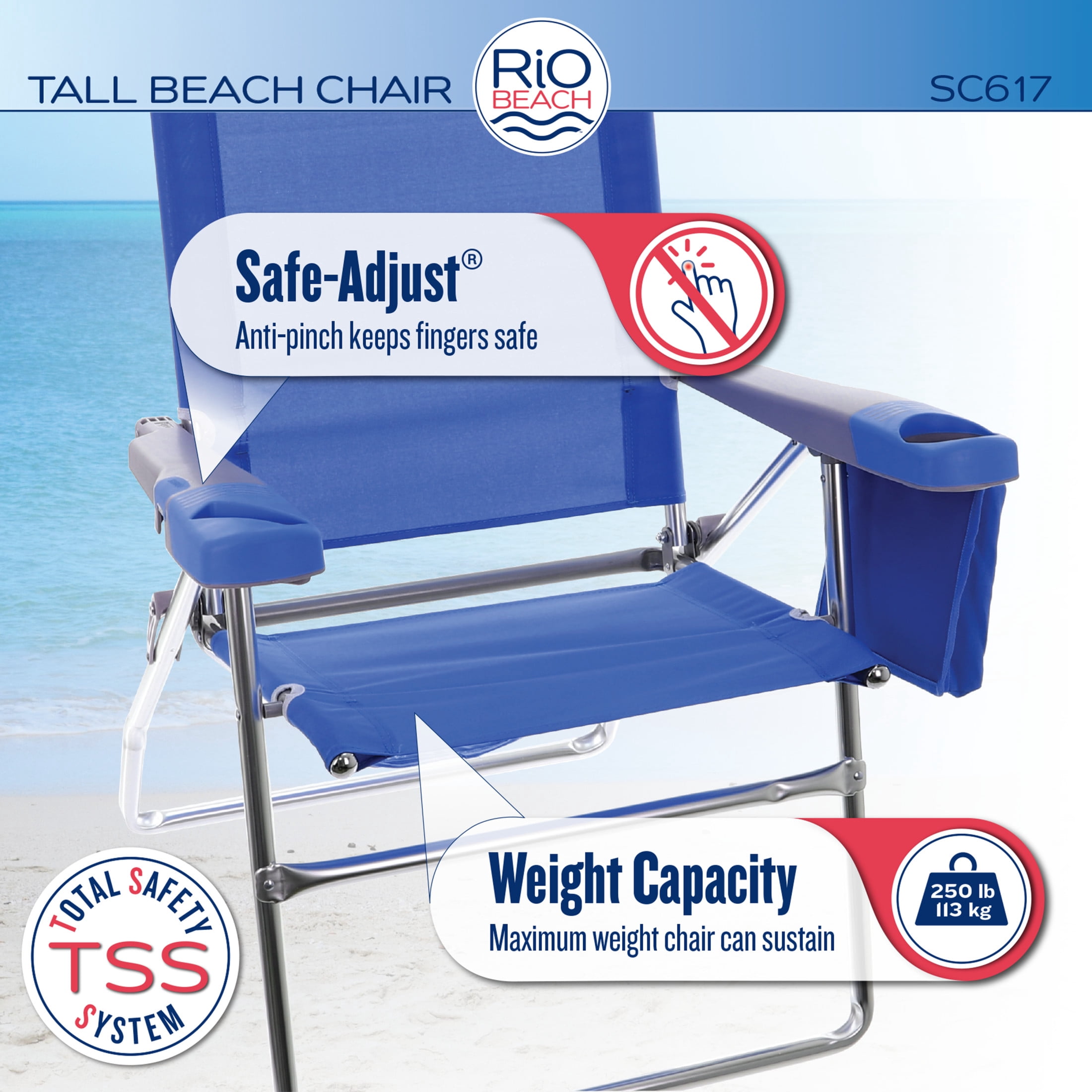 Rio Beach 17" Extended Height 4-Position Folding Beach Chair, Graphic Traffic Blue/White/Multi Stripe