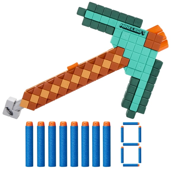 Nerf Minecraft Pioche en diamant, blaster à fléchettes, 8 fléchettes Nerf Elite