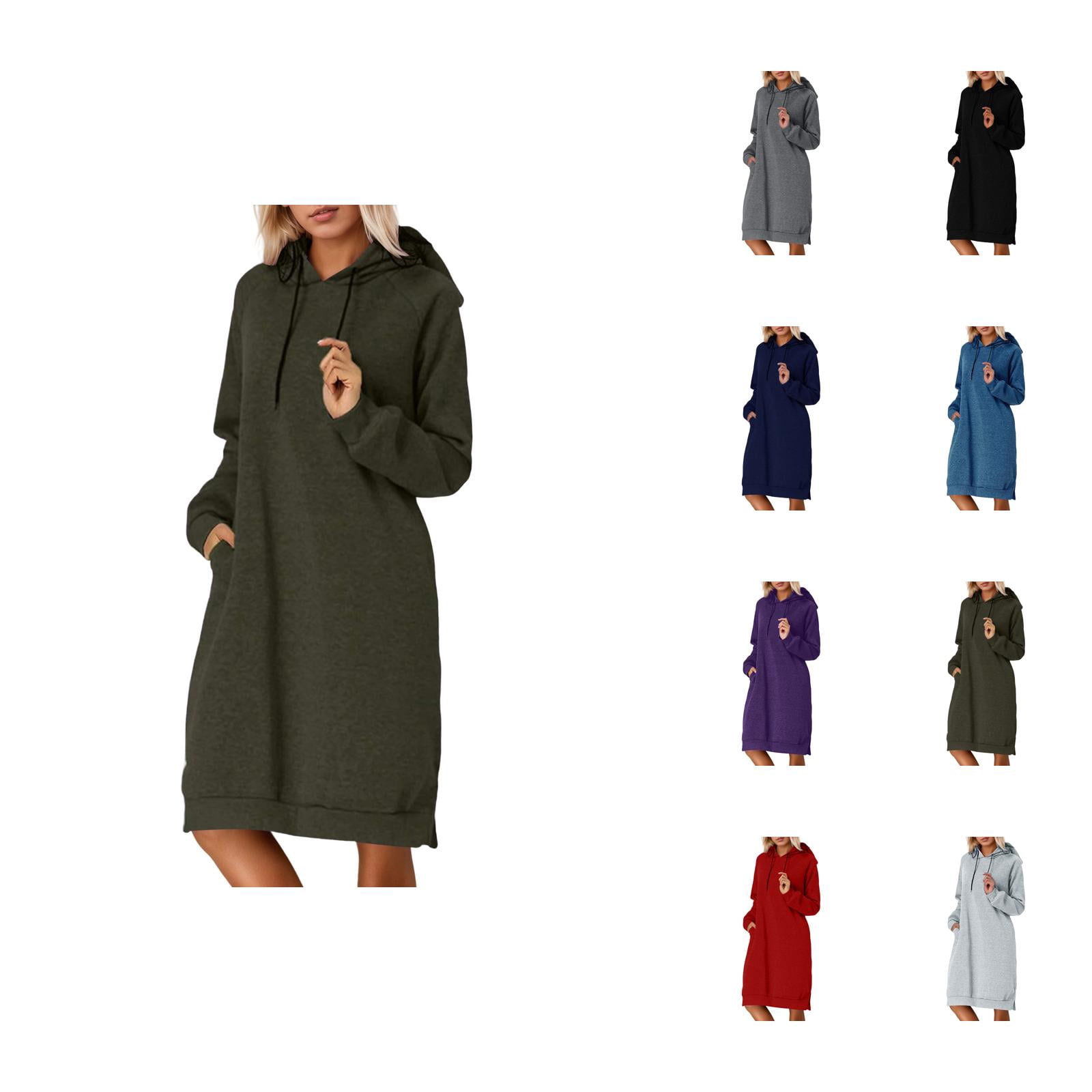 Longs Chandails à Capuchon pour Femmes 2025 Manches Longues Ourlet Fendu Robe à Capuchon Unie avec Poches Chandail à Capuchon pour Femmes