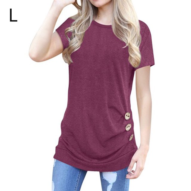 T-shirt pour Femmes à Col Rond, Manches Courtes, Haut Uni Ample, T-shirt à Boutons de Couleur, Rouge Vin, G