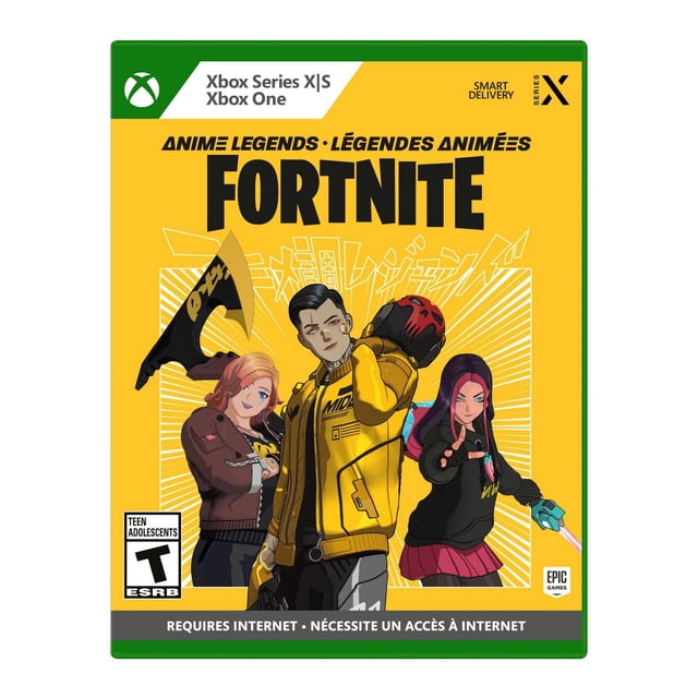 Fortnite - Anime Legends Xbox Series X|S and Xbox One game cover featuring three anime-style characters on a yellow background with bold black Fortnite title, including a character in a yellow jacket holding a red and black helmet, a pink-haired female character with a large black and gold axe, and a female character in a black hoodie and pink skirt holding a glowing weapon.