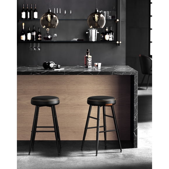 VASAGLE Bar Height Chairs, PU Leather Bar Stools with Stitching, Set of 2, Transitional Home Kitchen, Ink Black