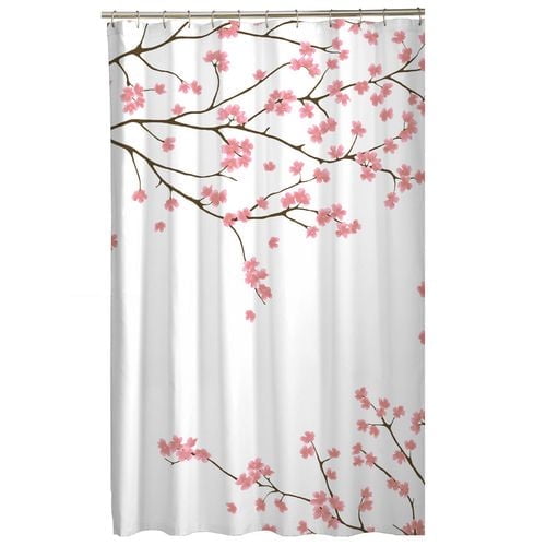 Hometrends Decorative Fabric Shower Curtain with Botanical Designs in white 100% polyester featuring pink cherry blossom branches at top and bottom, sized 70 x 72 inches for standard bathtubs, machine washable with buttonholes for easy hanging.