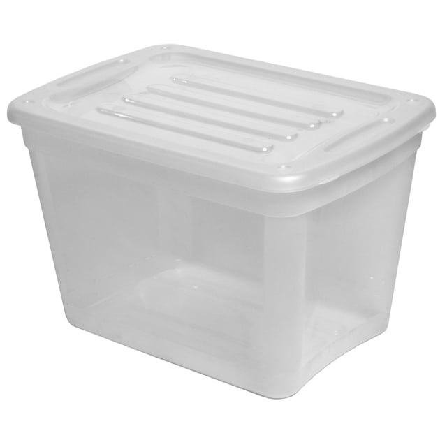 Gracious Living 39L Clear Snap Lid Tote in a 3/4 angled view, a clear rectangular storage container with snap-tight lid and contoured handles for easy carrying, designed for stackable storage and organization, also ideal for storing seasonal or craft items.