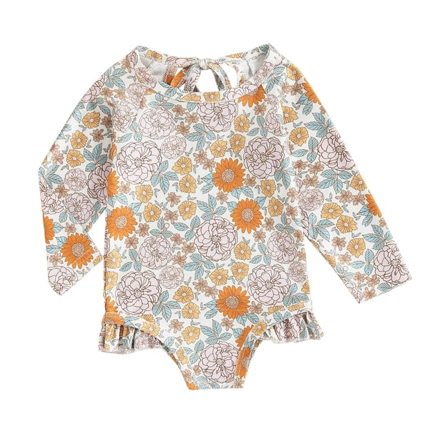 Girls Rash Guard Swimsuit with a vibrant floral print featuring orange and yellow flowers, long sleeves, and ruffle hem detailing. Designed for sun protection and suitable for girls aged 4-5 years. Made from breathable, quick-drying material, ideal for swimming, beach outings, and water activities.