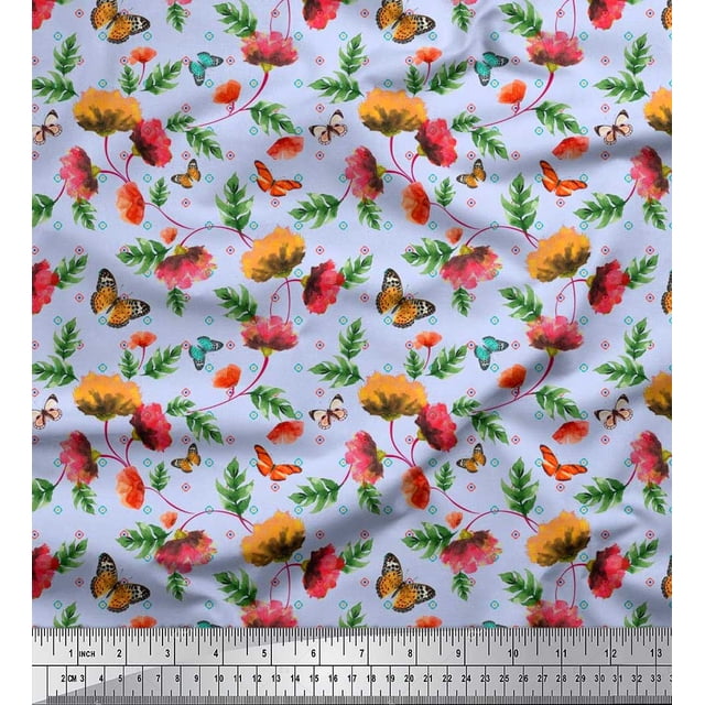 Soimoi Blue Rayon Fabric Leaves,Insect & Floral Artistic Printed Fabric 1 Yard 56 Inch Wide