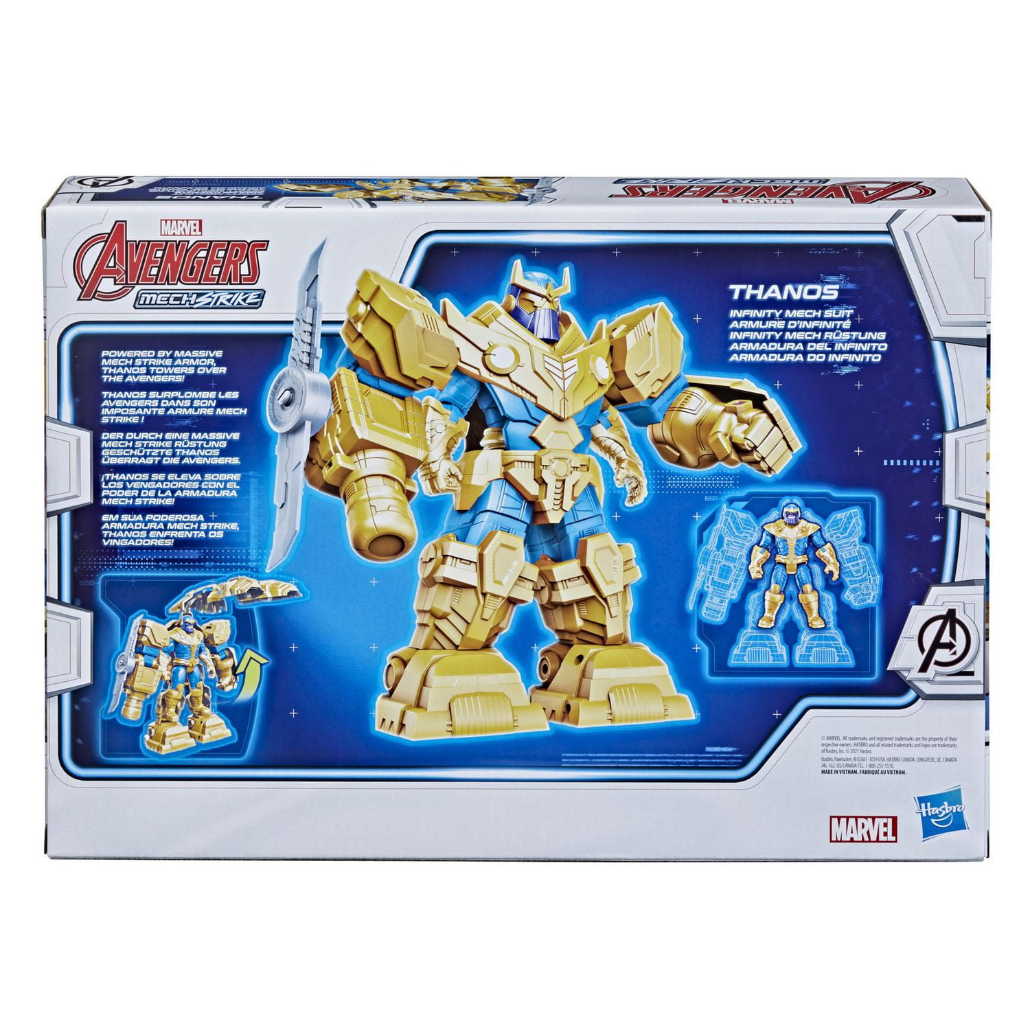 Hasbro Marvel Avengers Mech Strike, figurine articulée de 22,5 cm Thanos Armure d'infinité avec lame rotative, pour enfants, dès 4 ans
