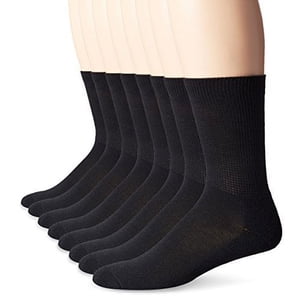 MediPEDS Men's Extra Wide Non-Binding Top Crew Socks with COOLMAX Fiber 8 Pairs, Black, Shoe Size: 12-15