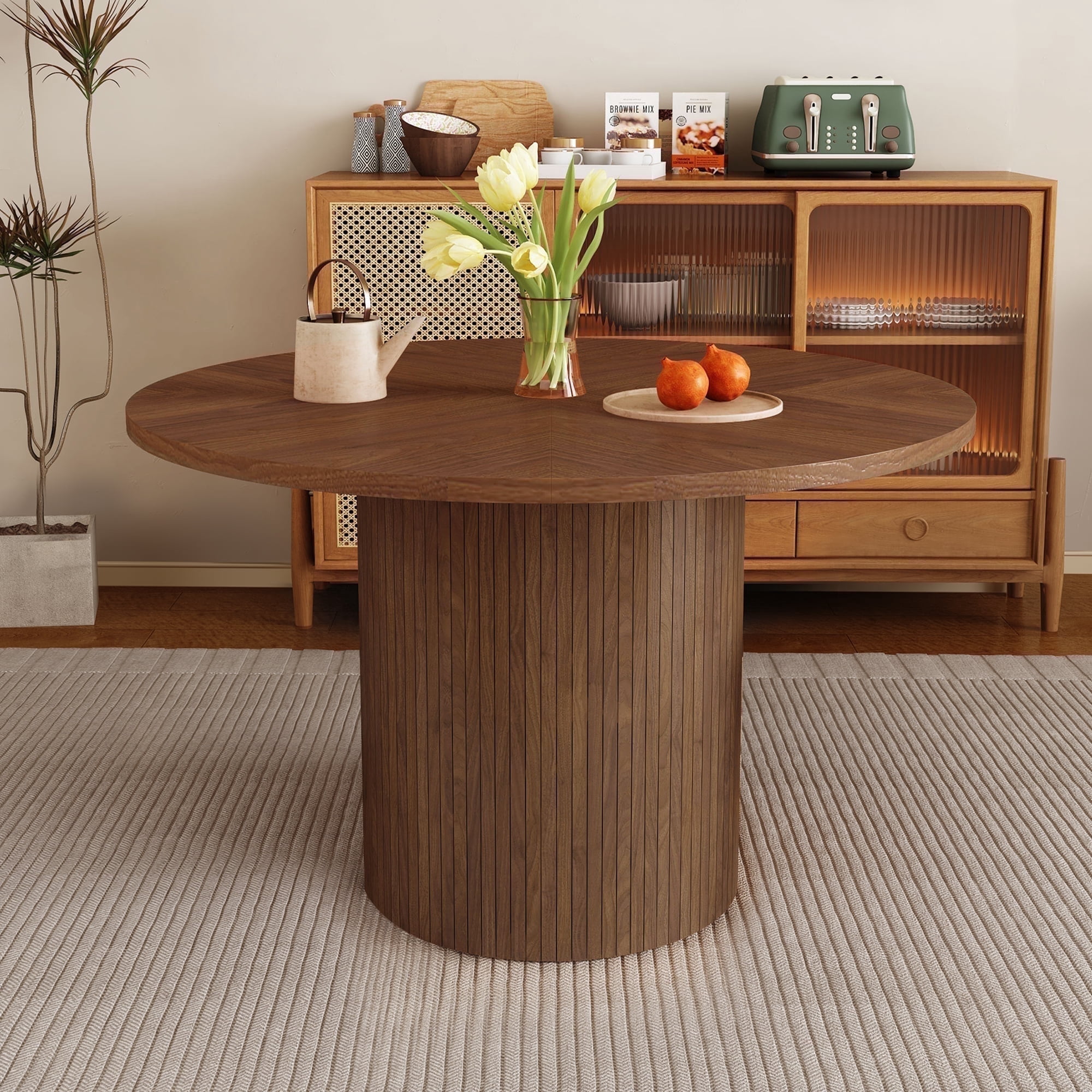 Wirrytor Table à Manger, Table de Cuisine Ronde Style Ferme Moderne, Table à Manger Ronde de 47 Pouces avec Base à Lattes de Bois pour Cuisine et Salon, Noyer