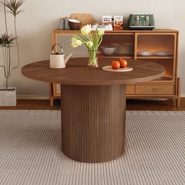 Wirrytor Table à Manger, Table de Cuisine Ronde Style Ferme Moderne, Table à Manger Ronde de 47 Pouces avec Base à Lattes de Bois pour Cuisine et Salon, Noyer