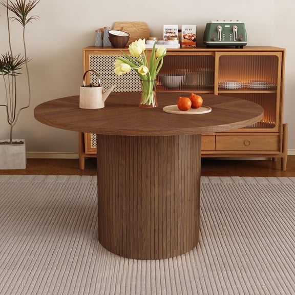 Wirrytor Dining Table, Modern Farmhouse Round Kitchen Table, 47 Inch Circle Dining Tables with Wood Strip Base for Kitchen Living Room,Walnut
