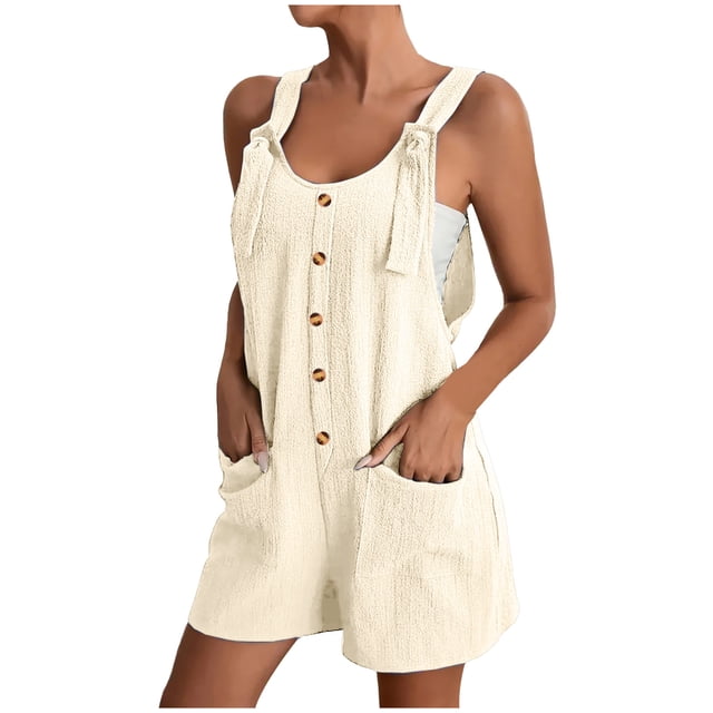 EQWLJWE Combishort Salopette pour Femmes, Combishorts Combinaisons Courtes pour Femmes, Combishort d'Été Sans Manches pour Femmes avec Bretelles à Nœud Ajustables, Combishorts Salopette avec Poches