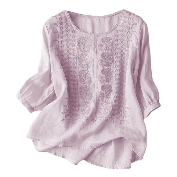Lixiuxyad Women's Neck Floral Embroidered T Shirt Casual Summer Top For Daily Wear With Pure Color Design Pink XXL