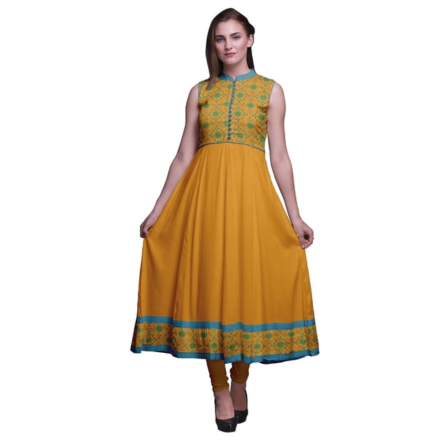 Bimba Honey Orange2 Damassé Imprimé Femme Designer Col Mandarin Robe Anarkali Ethnique Indienne Kurta Petit