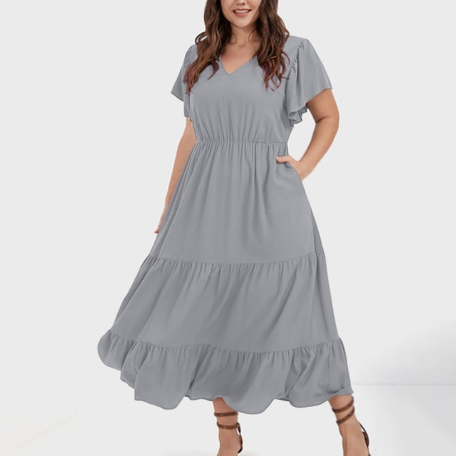zanvin Robes d'Été Grande Taille pour Femmes Fête Boho Maxi Longue Robe Portefeuille Col en V Manches Courtes Ourlet à Volants Robe Fête Invitée de Mariage, Gris