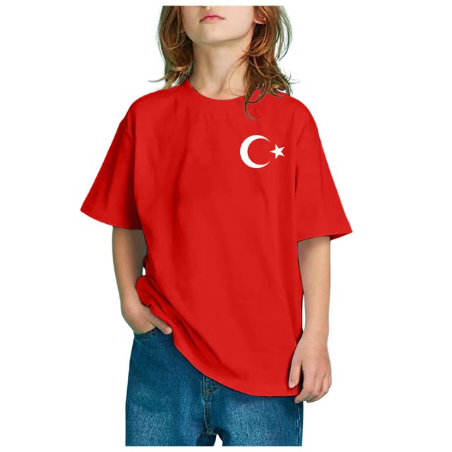PMVFHDE T-Shirts à Manches Courtes pour Garçon, Enfants, Imprimé Drapeau de la Turquie, T-Shirt à Manches Courtes à Col Rond, Tendance Mode, Chandail de Base, Hauts, Rouge Melon D\'eau, 4-5 Ans
