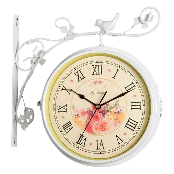GROWTH TANK Double Side Wall Clock Dial Diameter 10 inch Silent Wall Decor Station Clock Round for Patio Balcony Garden Porch Living Room retro white