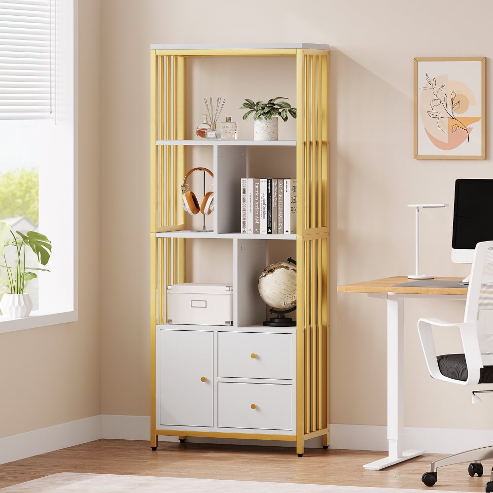 Ourlova Bookshelf and Bookcase with Storage Cabinet and 2 Drawers, White and Gold Bookshelf, Standing 5 Tiers Book Shelves Display Rack with Doors for Bedroom Living Room Office