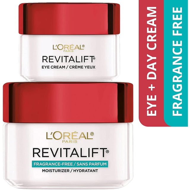 L'Oréal Paris Anti-Wrinkle Day Routine Eye + Day Cream set with two white jars and red lids, including 15ml eye cream and 50ml fragrance-free day moisturizer, formulated to hydrate skin, improve firmness, and reduce visible wrinkles.