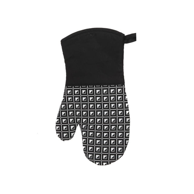 Mitaine de Four à Imprimé Silicium (Geo) (Noir) - Ensemble de 4 avec une Mitaine de Four Noire Présentant une Impression Géométrique Carrée en silicone Blanche sur la Moitié Inférieure et un polyester Noir Uni sur la Moitié Supérieure, Équipé d'Une Boucle pour Suspendre, Résistant à la Chaleur pour une Manipulation Sécuritaire des Ustensiles de Cuisine Chauds, Convient Aussi à la protection contre le Gril.