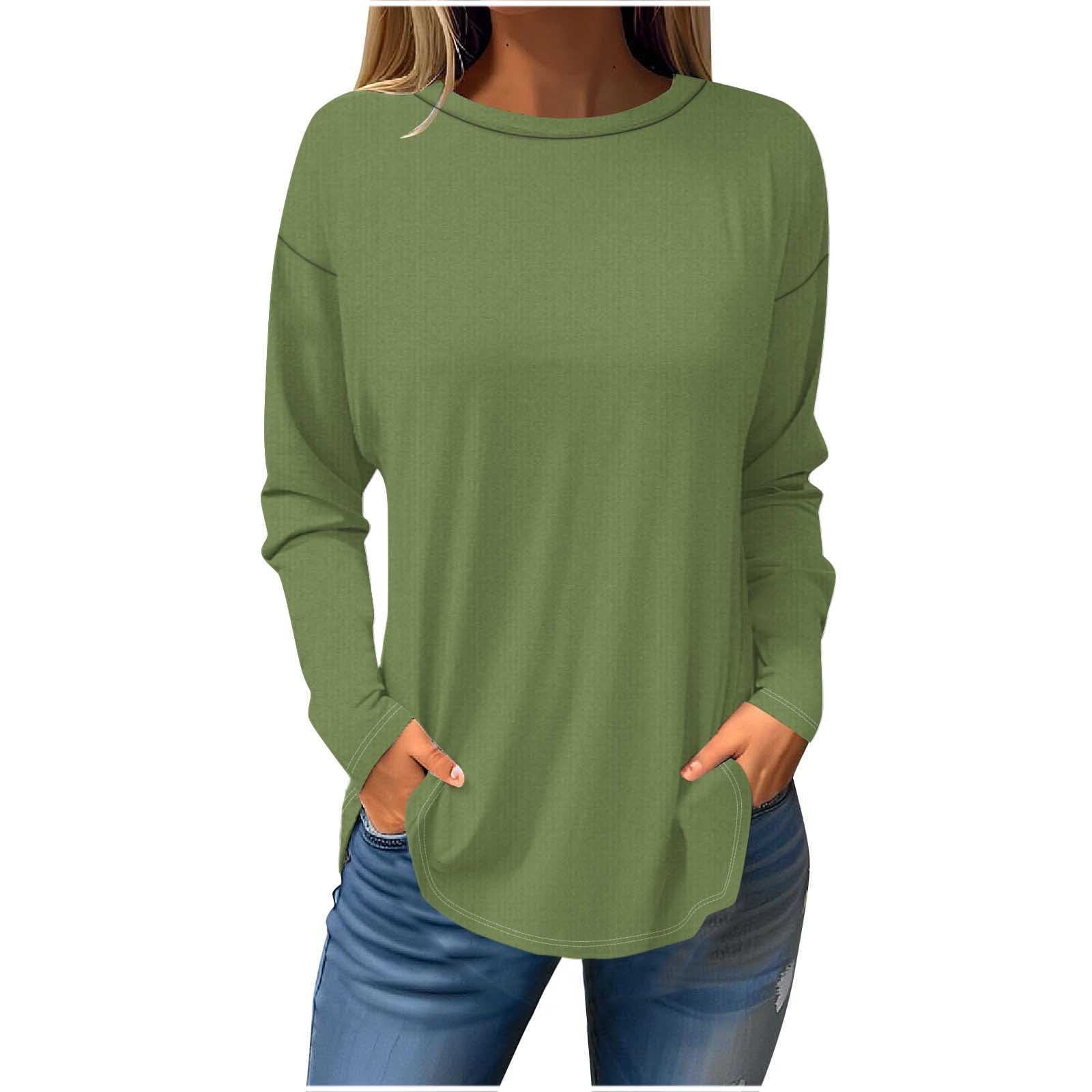 Timegard Hauts Grande Taille pour Femmes Col Rond Manches Longues Couleur Unie T-Shirt Confortable Automne Décontracté Ample Hauts