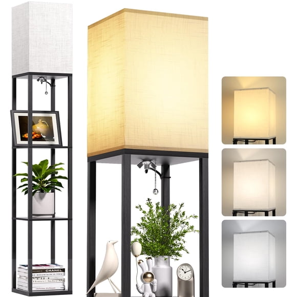 CNXIN 4 Tier Floor Lamp with Shelves, Shelf Floor Lamp for Living Room with 3 Color Temperature, Modern Storage Wood Sta