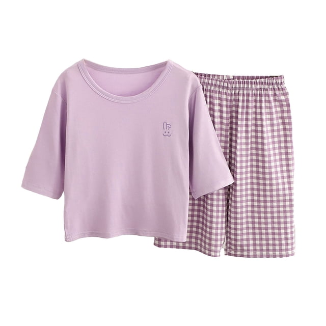 MIASHUI Ensemble de Détente Léger pour Garçons, T-Shirt à Manches Courtes d'Été, Short à Carreaux, Pyjama pour Filles, Violet, 12-18 Mois