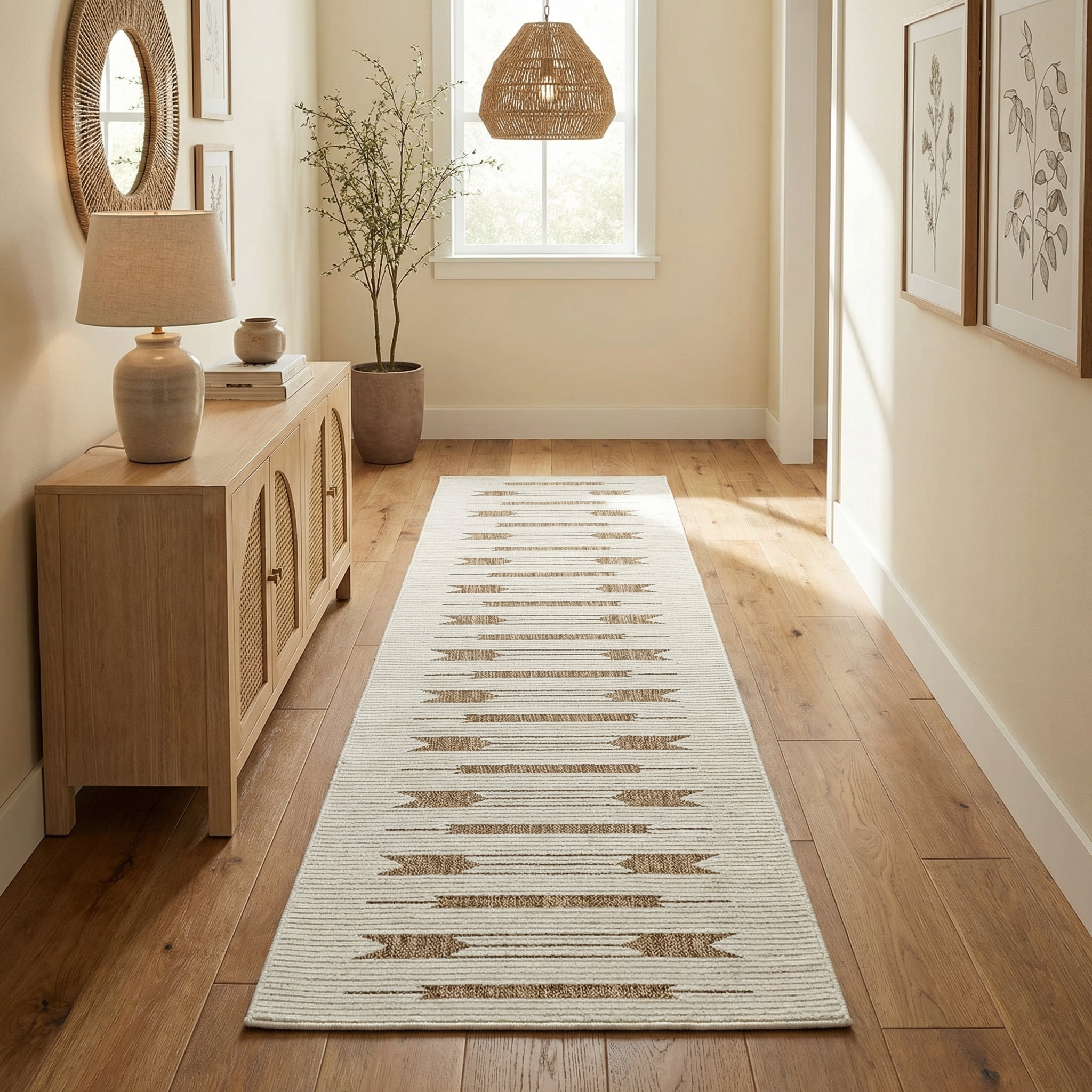 Tapis d'interieur exterieur abstrait Rug Branch Maise, beige marron, moderne - Entree, couloir
