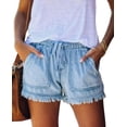 thumbnail image 1 of Shorts en Denim Extensible à Revers pour Femmes, Taille Élastique avec Cordon, Short Confortable, Bleu Pâle, S, 1 of 7