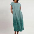 thumbnail image 1 of Meichang Robe d'Été en Coton et Lin à Manches Courtes pour Femme, Col Rond, Coupe Ample, Dégradé, Robe Midi Bohème Décontractée à Imprimé, Robe de Travail Rétro Légère Évasée, Bleu, P, 1 of 5