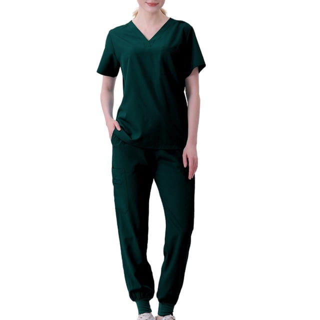 Pisexur Plus Size Scrub Set for Women - Slim Solid Color V-Neck Scrub Top & Skinny Cargo Scrub Pants With Pockets