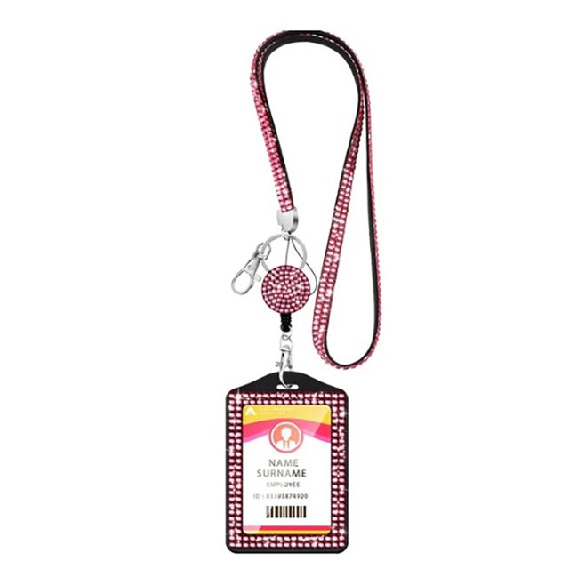 New Rhinestone Badge Holder ID Lanyard Bling Crystal Necklace Strap Badge Card Holder Protector Case Retractable Hanging Rope Pink-riser card
