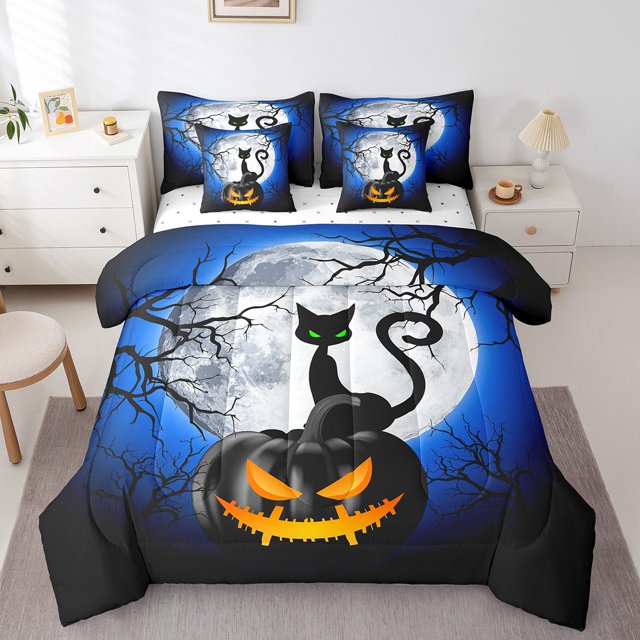 YST Black Cat Comforter Set 7Pcs Happy Halloween Theme Bedding Set, Twin
