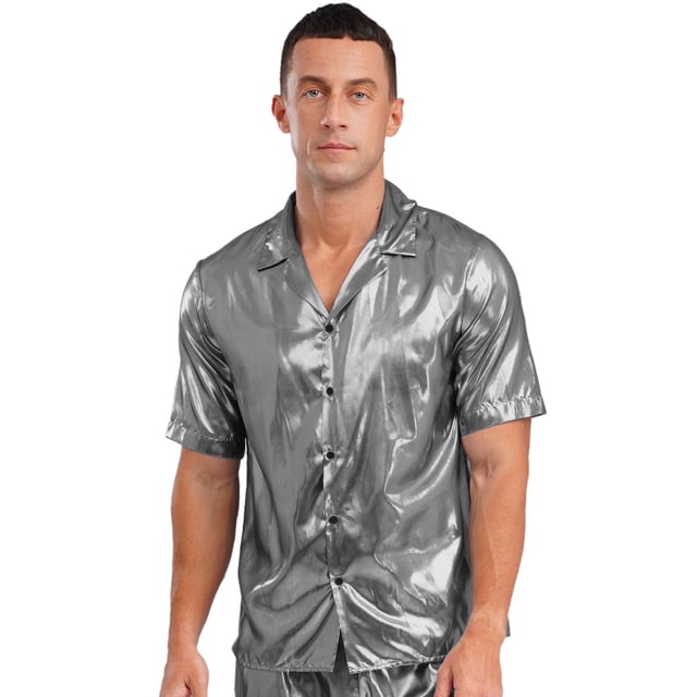 Miaeowve Mens Shiny Sheer Top PVC Leather Wet Look Glossy T-Shirt for Halloween Beach Pool Rave Party Silver L