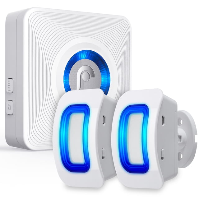 Fosmon WaveLink Wireless Home Security Driveway Alarm featuring a motion sensor and door entry chime. The image shows a white wireless plug-in receiver with a circular LED indicator and two motion sensors with blue LED accents. Ideal for monitoring doors, driveways, and other entry points with a detection range of 16.4 feet and 110° coverage. Includes 58 unique ringtones, 5 volume levels, and LED visual alerts for the hearing impaired.