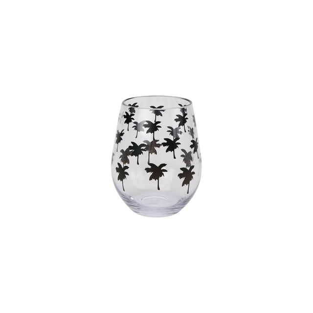 Hometrends Black Printed Acrylic Stemless Wine Glass 1Pc featuring a clear, break-resistant acrylic stemless wine glass with black palm tree prints on the body, designed for stable, durable use indoors or outdoors and suitable as a casual beverage glass.