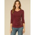 thumbnail image 3 of INSPIRE CHIC Women's Button Decor V Neck 3/4 Sleeve Solid Blouse Knitted Ruched Top, 3 of 6