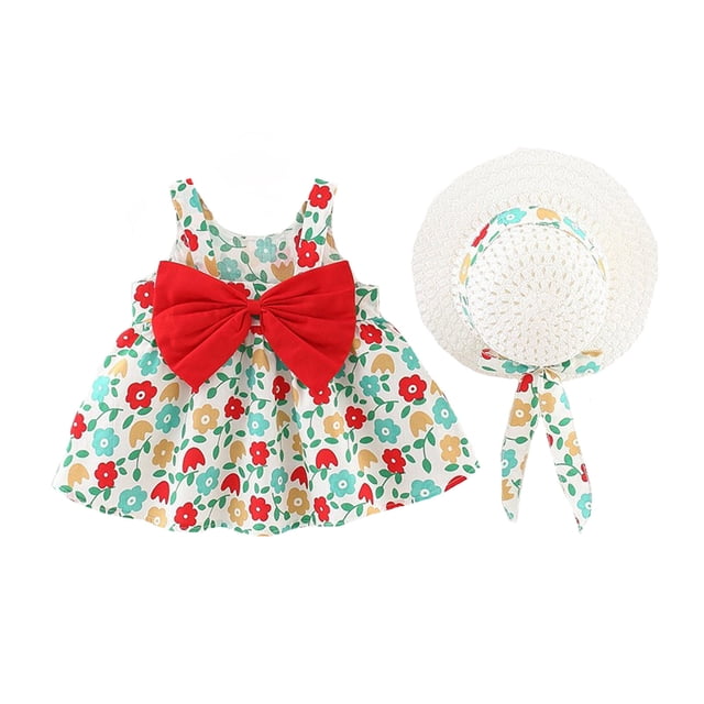 LUOGENLI Robe Bébé Filles Vêtements Enfants Été Tout-Petit Floral Froncé Sans Manches Robes Robe Filles Robe pour Filles Longueur Genou Rouge 2-3 Ans