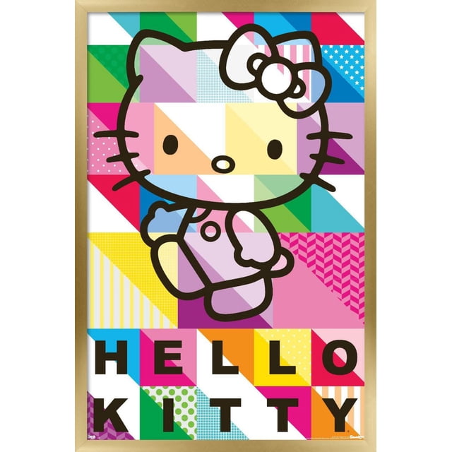 Hello Kitty - Affiche Murale à Motifs, 22,375 Po x 34 Po Présentant une Affiche Murale Encadrée avec un Grand Contour Hello Kitty Rempli de Motifs Géométriques Colorés en patchwork Incluant des Rayures, des Pois, des Étoiles et des chevrons sur un Fond Multicolore, avec des Lettres en Blocs Audacieuses Épelant Hello Kitty au Bas, Idéal pour Décorer des Chambres, des Bureaux Ou des Dortoirs.