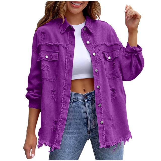 RXMEKW Detachable Hooded Denim Jacket for Women with Perforated Long Sleeves, Polyester, Blue