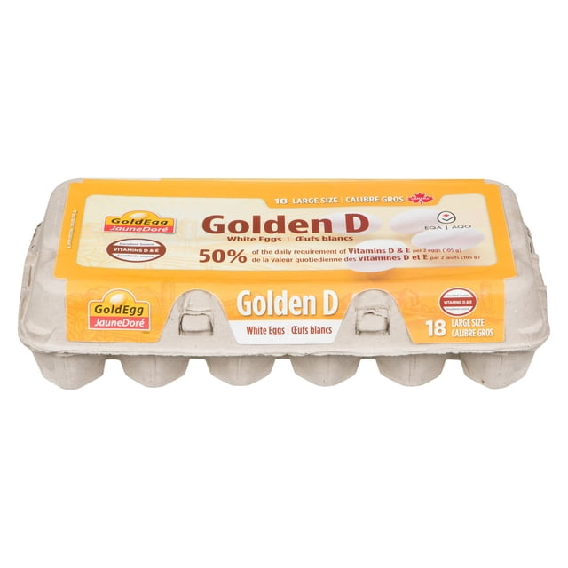 GoldEgg Golden D Vitamin D Enriched Large Eggs 18 count carton of large white eggs in beige packaging with yellow label, providing 50% daily value of vitamins D and E for bone and muscle health, ideal for whole egg use in cooking.