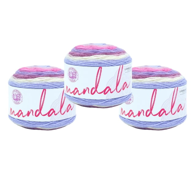 Lion Brand Yarn Mandala Multicolor Light DK Acrylic 3 Pack Yarn featuring three skeins with pastel gradient colors of purple, pink, cream, and blue, each wrapped in a white label with red 'mandala' text and Lion Brand logo, suitable for crochet and knitting projects including scarves and hats.
