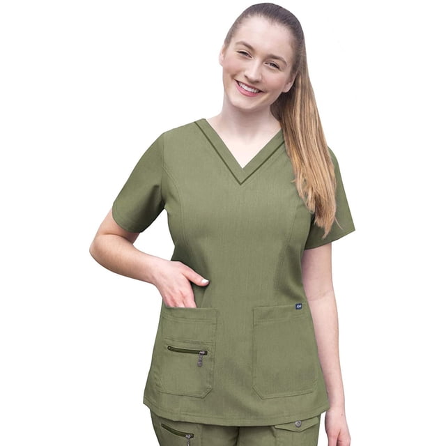 A ADAR Haut de Sarrau à Encolure en V Rehaussée pour Femme, Coupe Ajustée, Olive Chiné, 2X