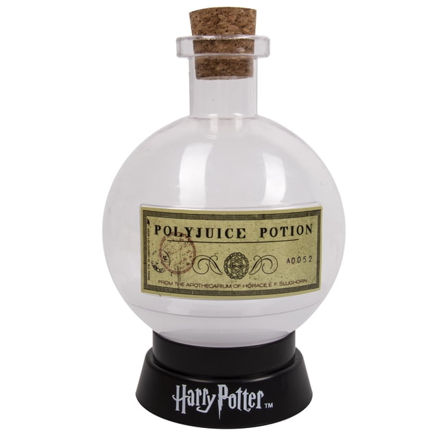 Fizz Creations Harry Potter Potion Lamp - Large with a clear spherical glass bottle sealed by a cork stopper, labeled Polyjuice Potion, mounted on a black base with the Harry Potter logo, featuring a colour-changing LED that cycles through red, blue, green, and yellow light representing Hogwarts houses, suitable for home décor and Halloween ambiance.
