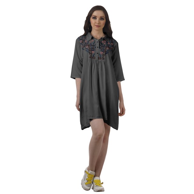 Moomaya Robe Chemise Tunique Mini Décontractée Unie à Manches 3/4 pour Femmes en Rayonne