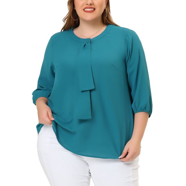 GRACE & GRANDEUR Women's Plus Size Tops Work Round Neck Ruffle Chiffon Blouse Office Top 2X Blue Green