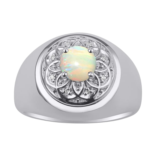 RYLOS Men's Rings 14K White Gold Designer Gypsy 7MM Round Gemstone & Diamond Ring Opal October Birthstone Rings Size 12