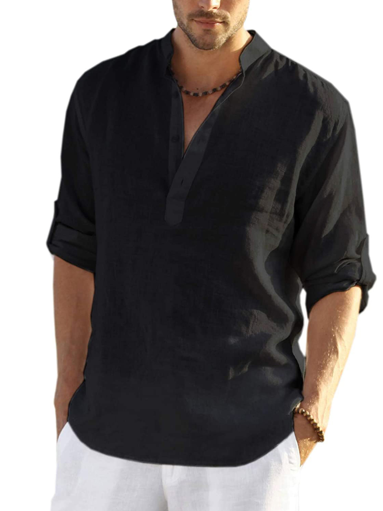 xiaxaixu Men's Spring Autumn Casual Shirt Solid Color Long Sleeve Stand Collar Button Tops