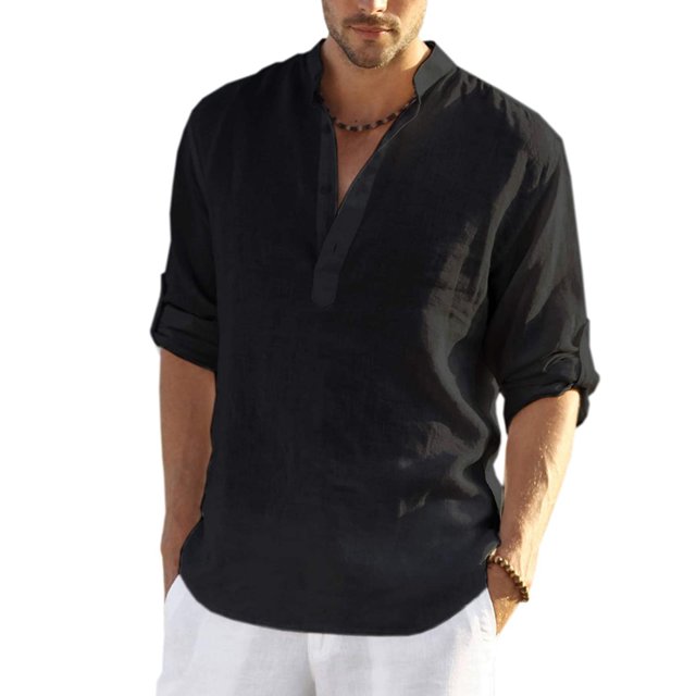 Faithtur Men's Spring Autumn Casual Shirt Solid Color Long Sleeve Stand Collar Button Tops