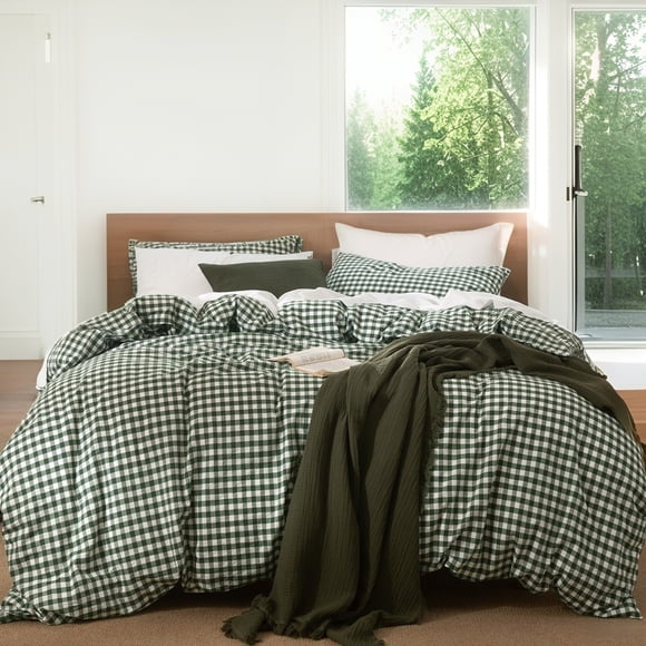 JOLUSERE 100% Organic Cotton Gingham Duvet Cover King Set, 3-Piece Linen Like Textured Breathable Soft Comforter Cover (Dark Green Gingham)